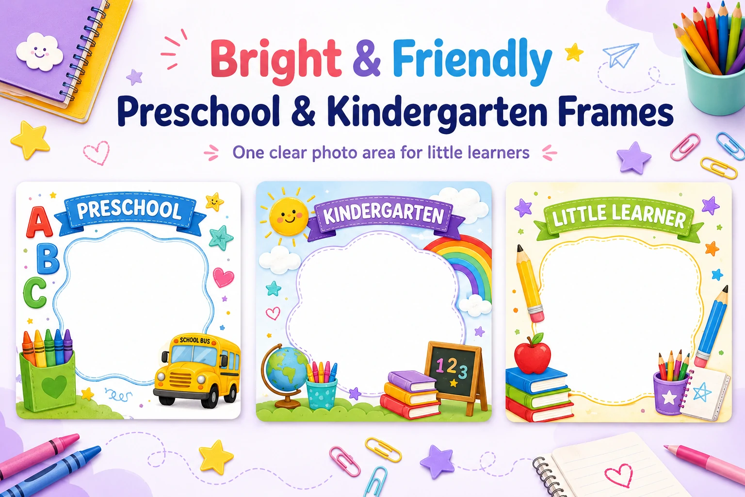 Kindergarten Back to School photo frame with colorful classroom decorations