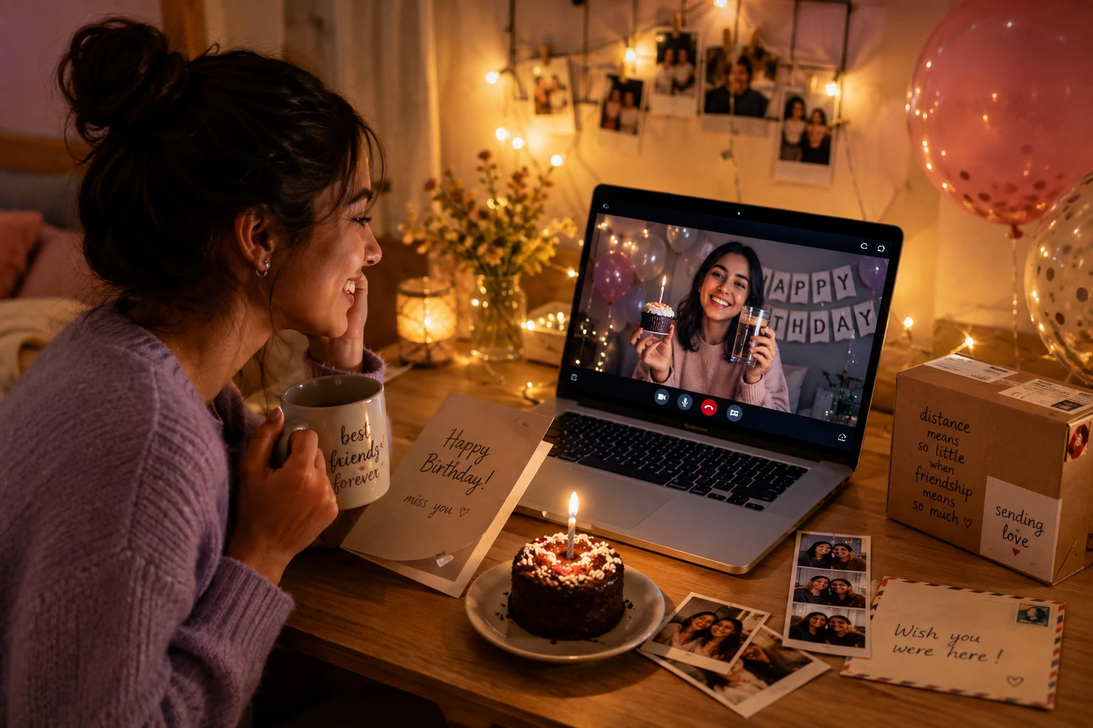 Long-distance birthday wishes for best friend during a video call with shared photographs and a small cake