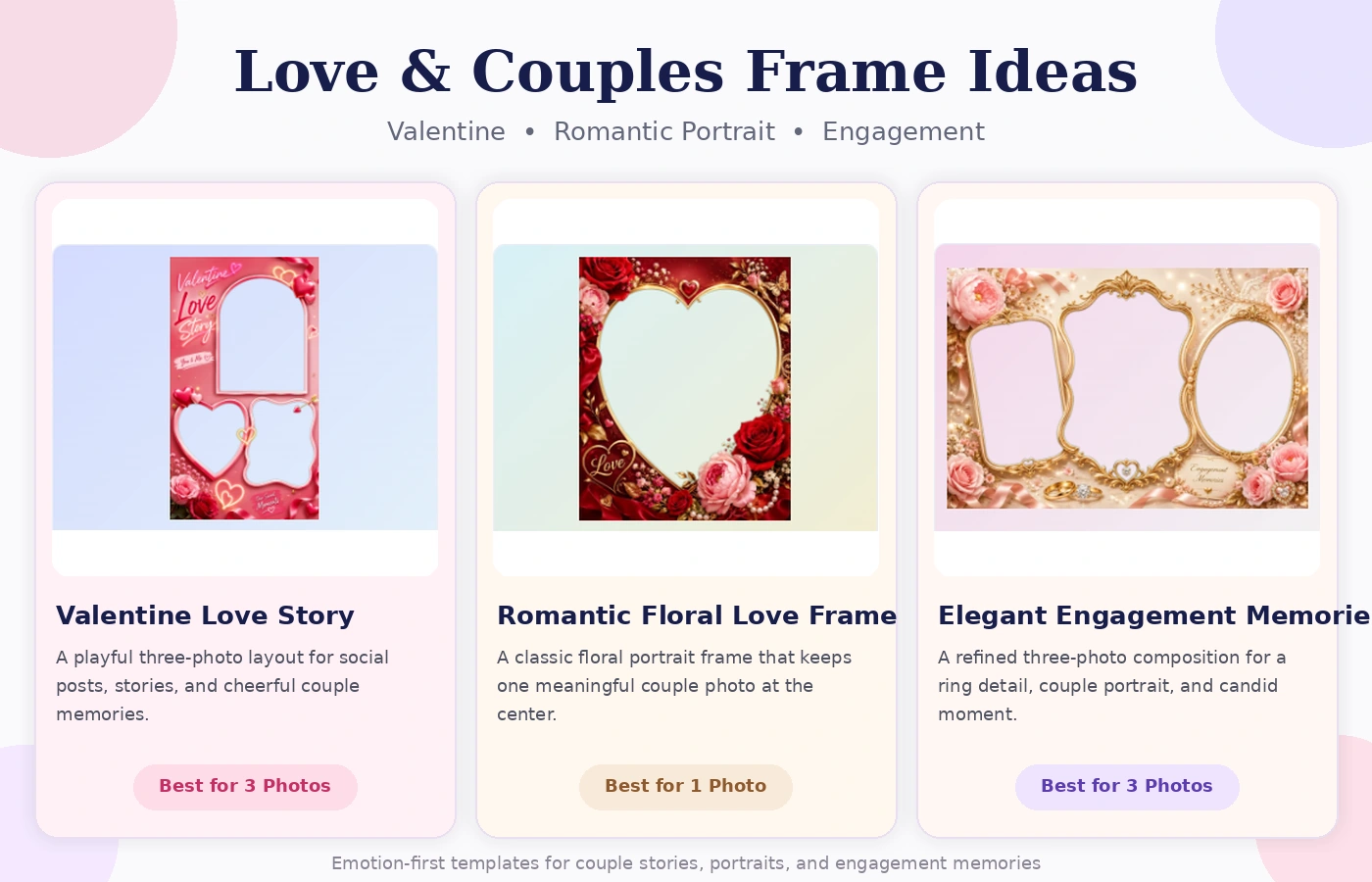 Valentine, romantic floral, and engagement photo frame templates for couples