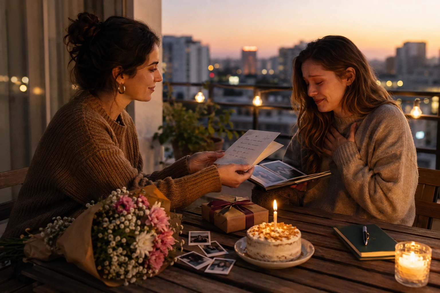 Meaningful birthday wishes for best friend with milestone photographs, a thoughtful card and warm lighting
