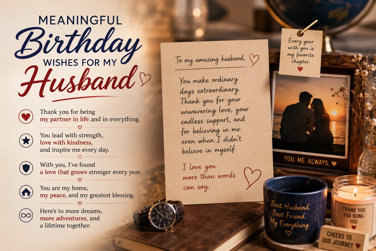 Meaningful birthday wishes for husband with milestone photographs, a thoughtful card and warm lighting