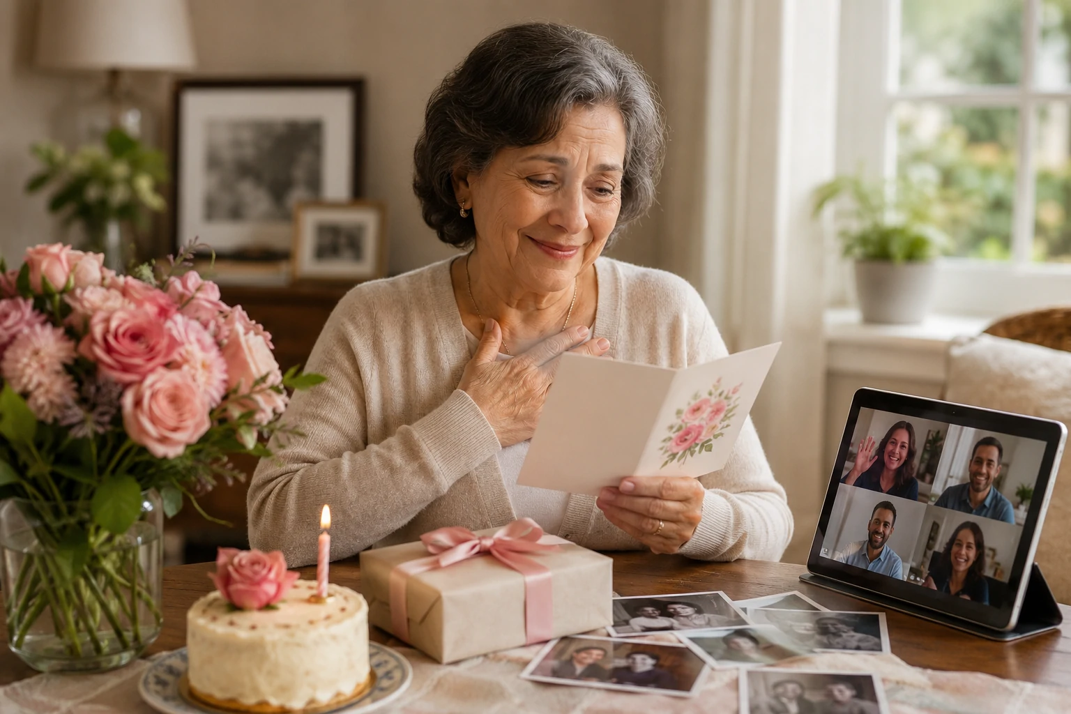 Meaningful birthday wishes for Mom with a milestone card, flowers and family memories