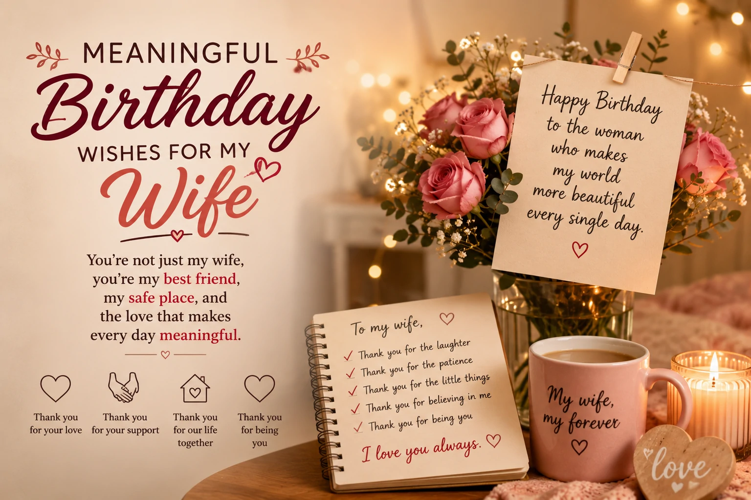 Meaningful birthday wishes for wife with anniversary photographs, a milestone card and thoughtful flowers