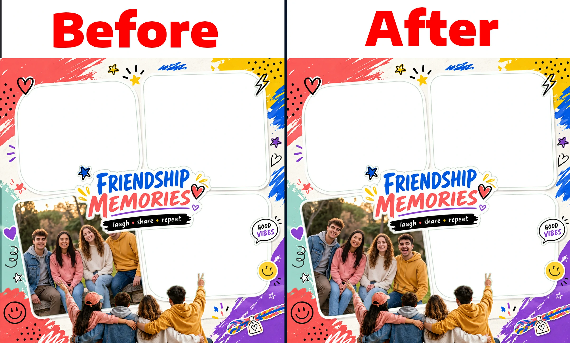 Before and after comparison of a poorly cropped and correctly positioned framed photo