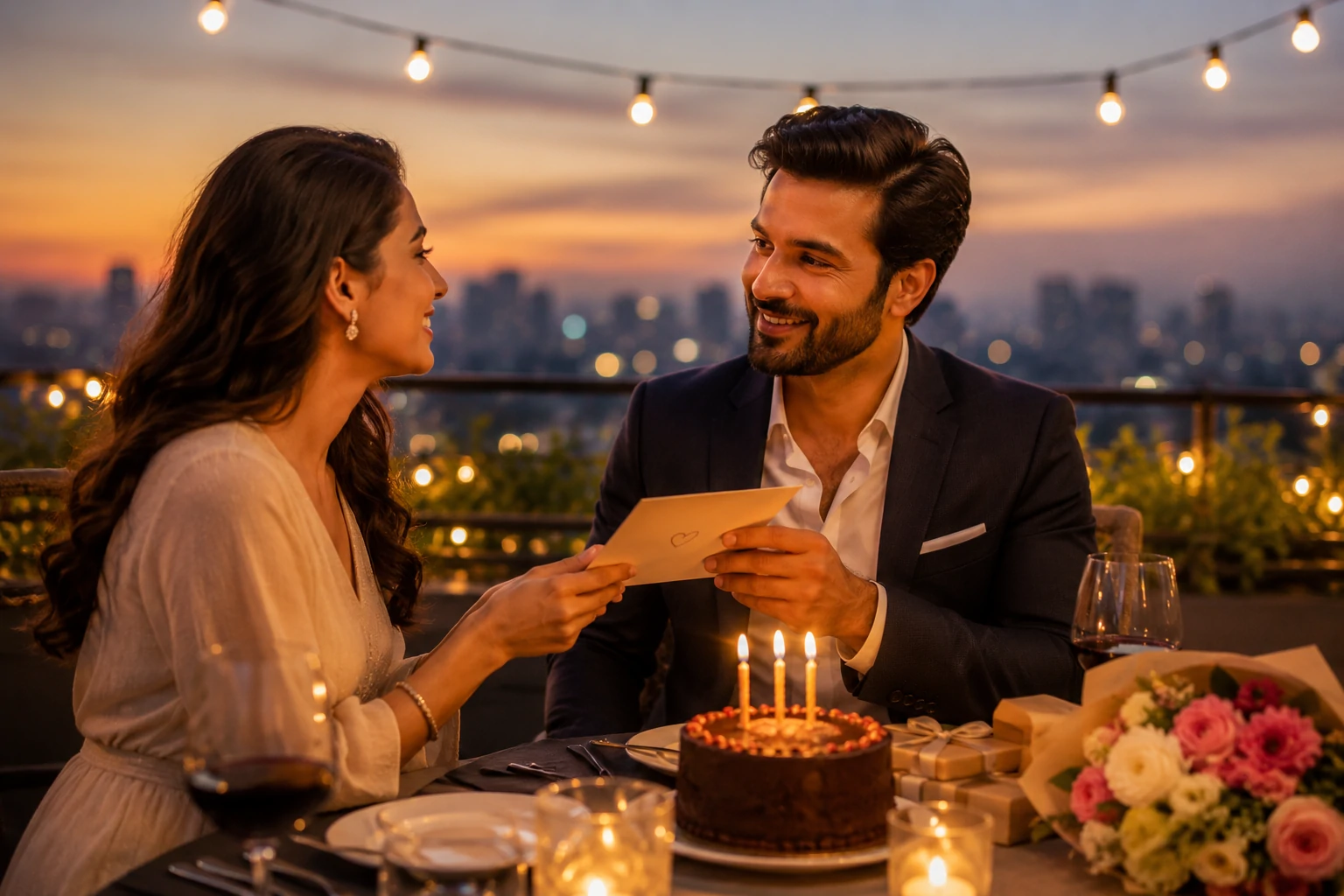 Romantic birthday wishes for husband beside a handwritten card, gift and couple photograph