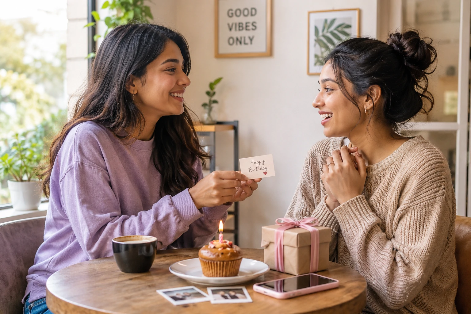 Short birthday wishes for best friend on a modern message beside a cupcake and small gift