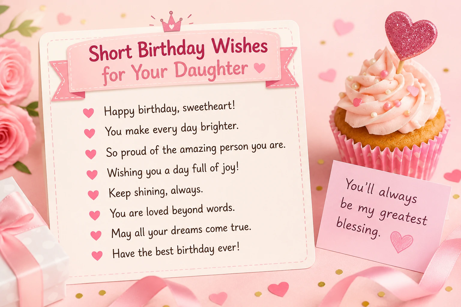 Short birthday wishes for your daughter beside a birthday photo and flowers