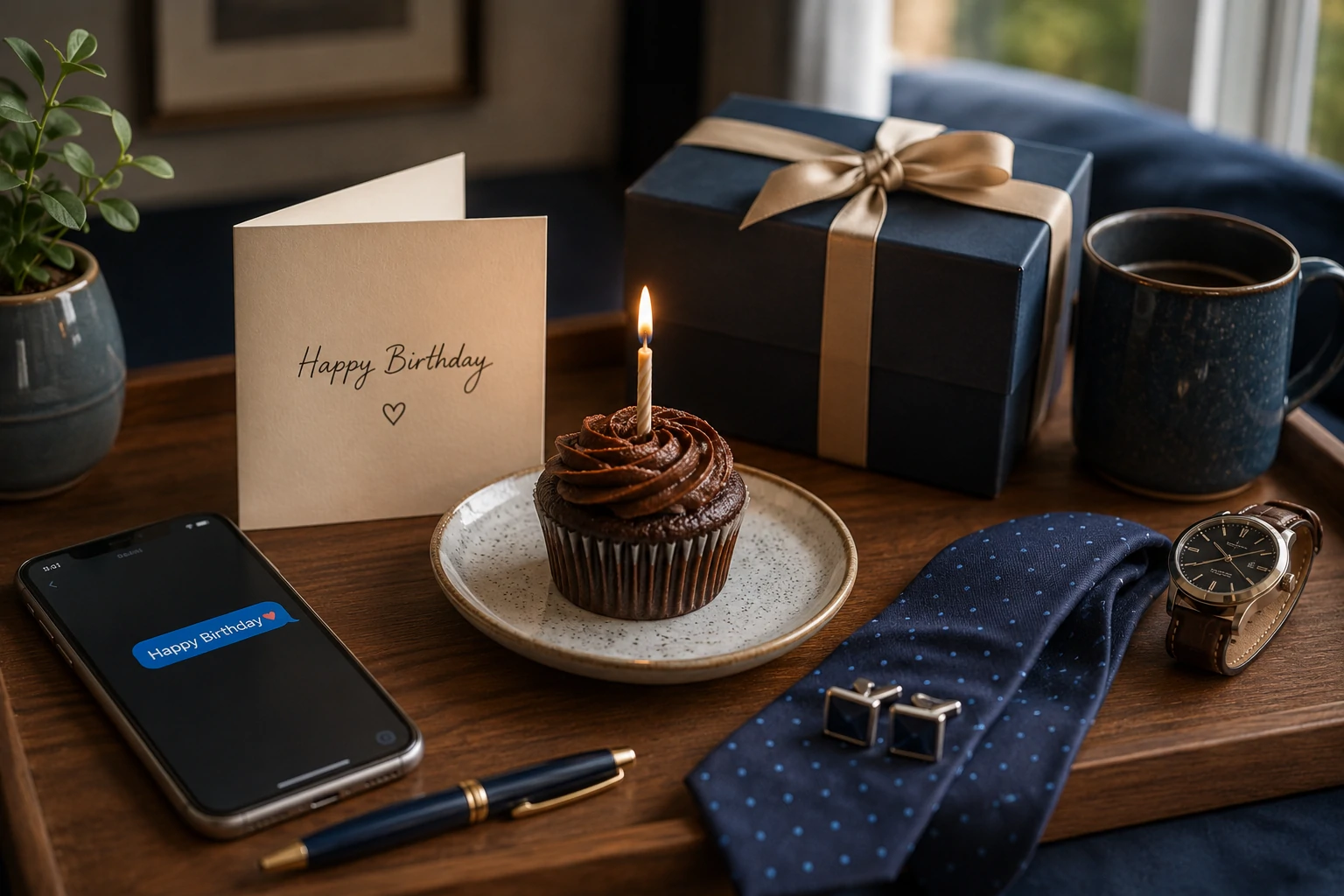 Short birthday wishes for husband on a modern card beside a small cake and gift