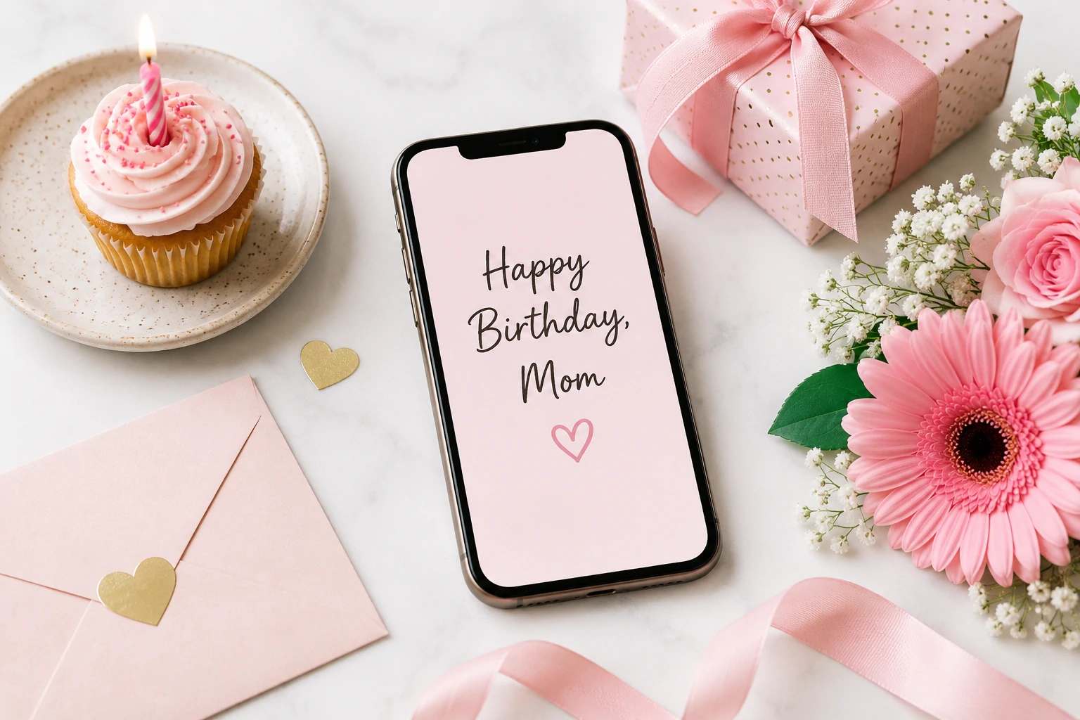 Short birthday wishes for Mom on a modern greeting card beside a small cake and flowers