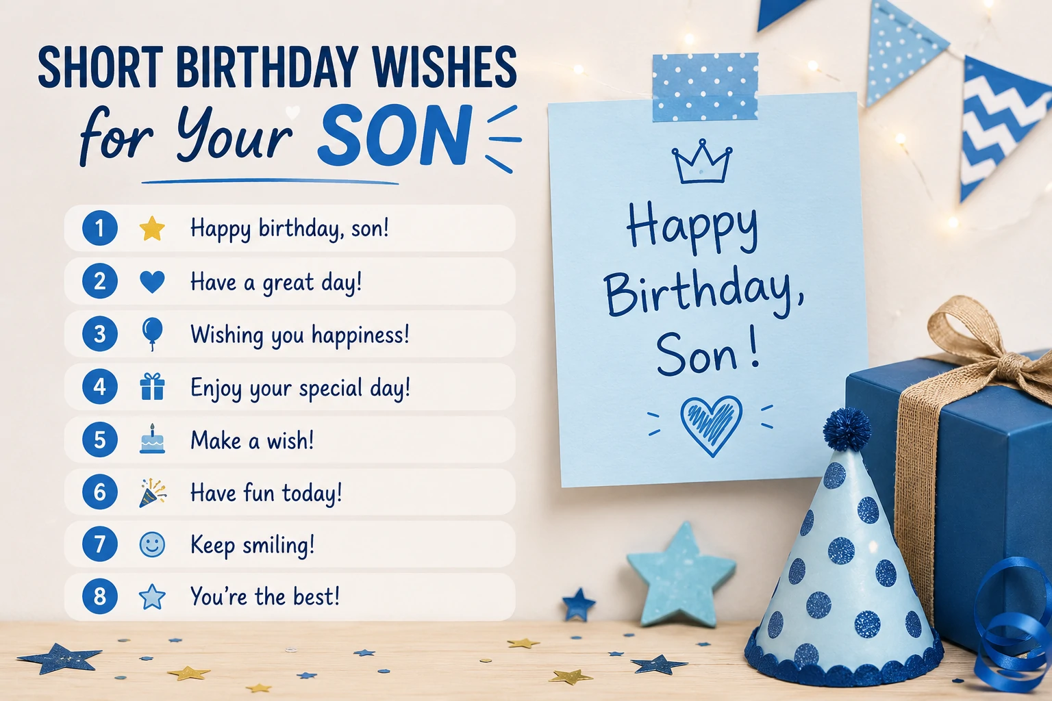 Short birthday wishes for your son on a modern birthday card beside cake and gifts