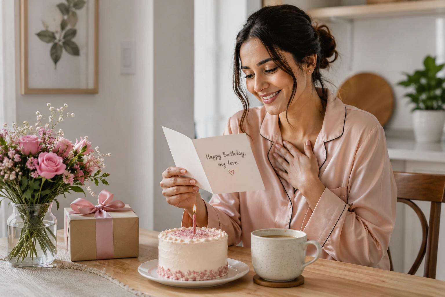 Short birthday wishes for wife displayed on a romantic note beside flowers and a small cake