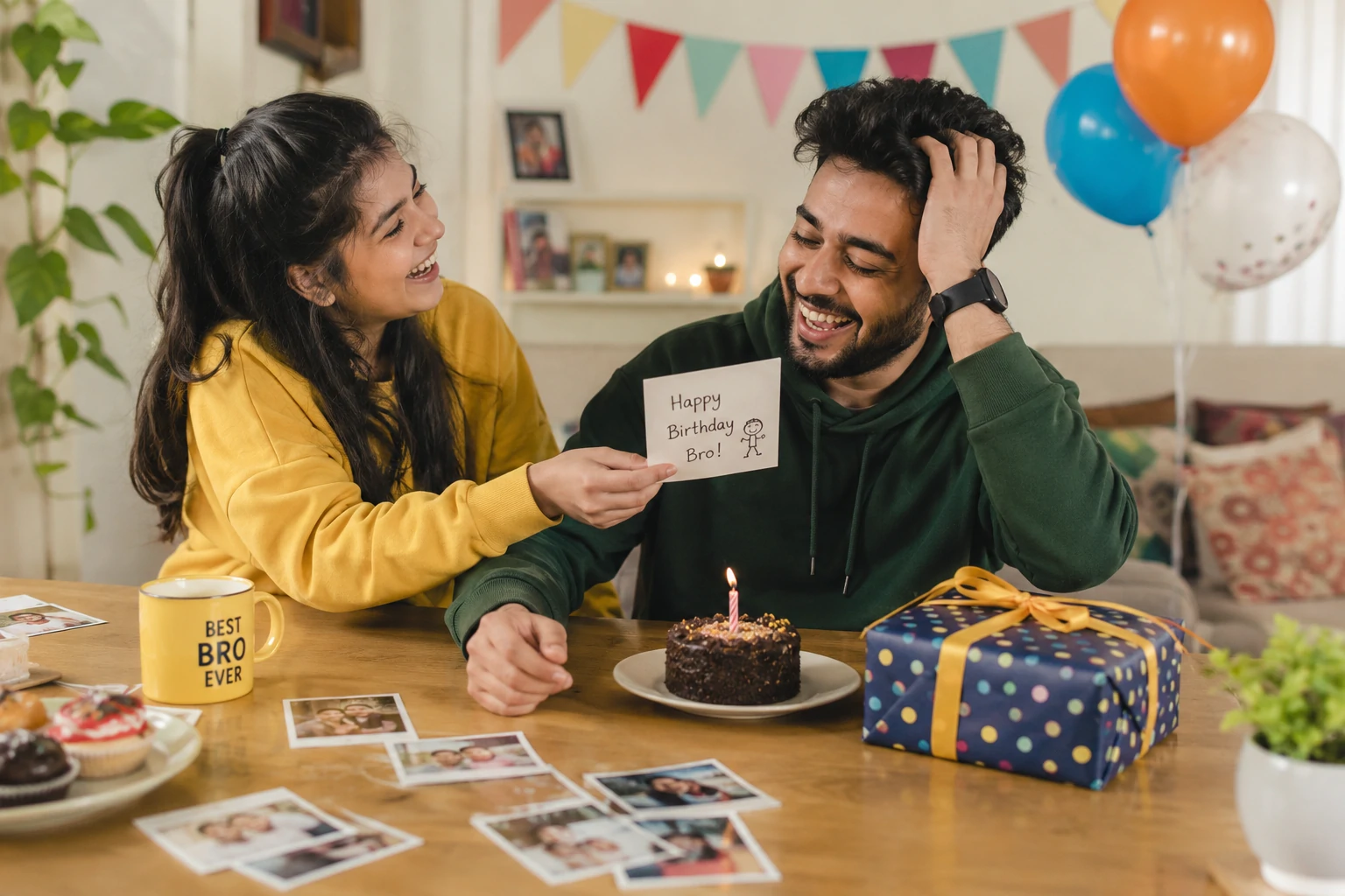 Short and funny birthday wishes for brother beside a cupcake, gift and childhood photographs