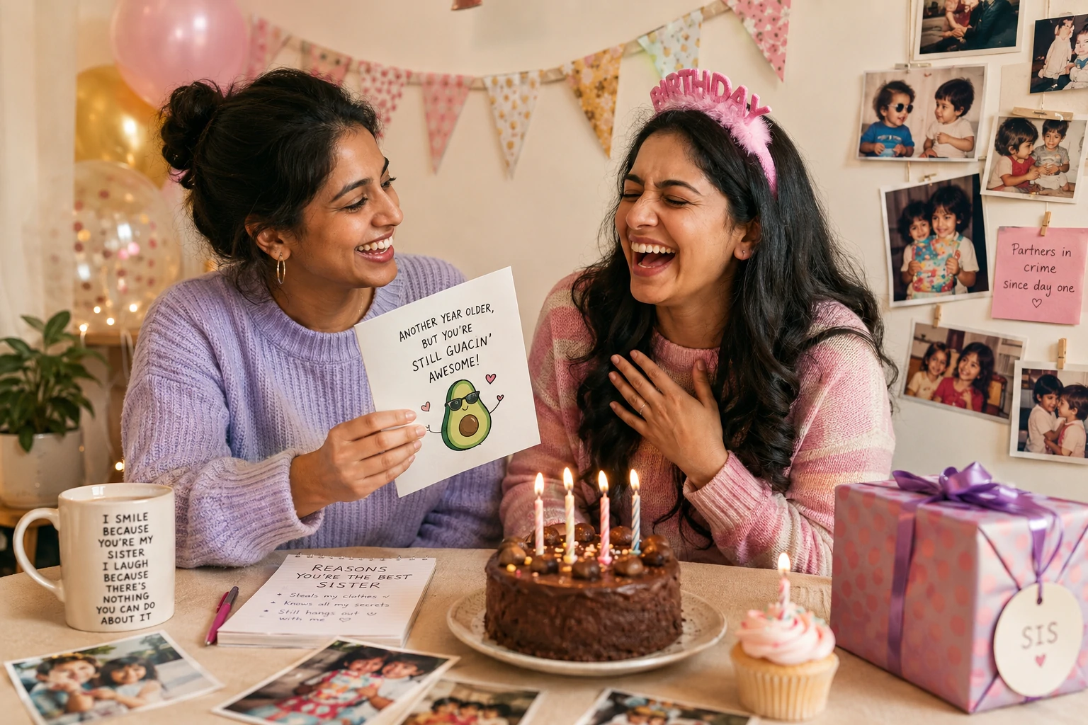 Short and funny birthday wishes for sister beside a small cake, playful card and sibling photographs