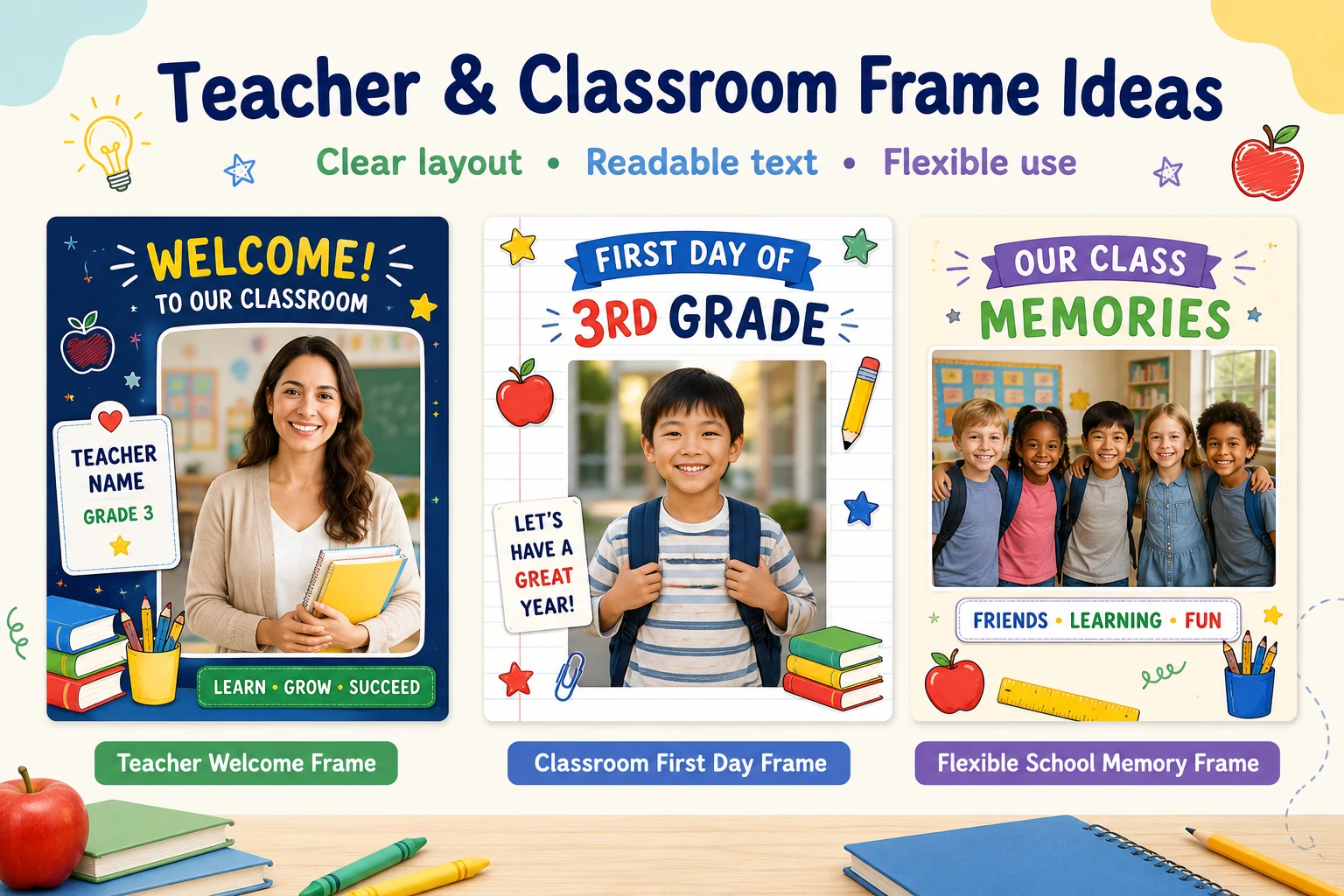 Teacher and classroom photo frame template for Back to School