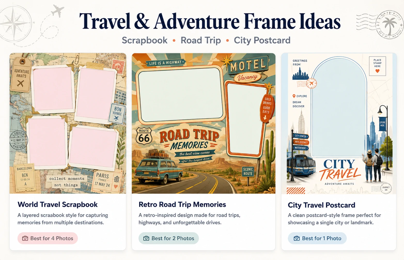 Scrapbook, road trip, and city postcard travel photo frame templates