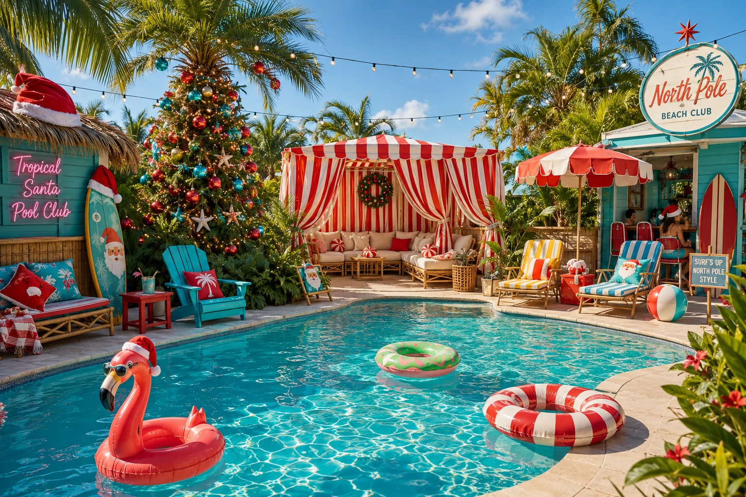 Tropical Christmas pool party themes with Santa, candy cane cabana and retro beach club decorations