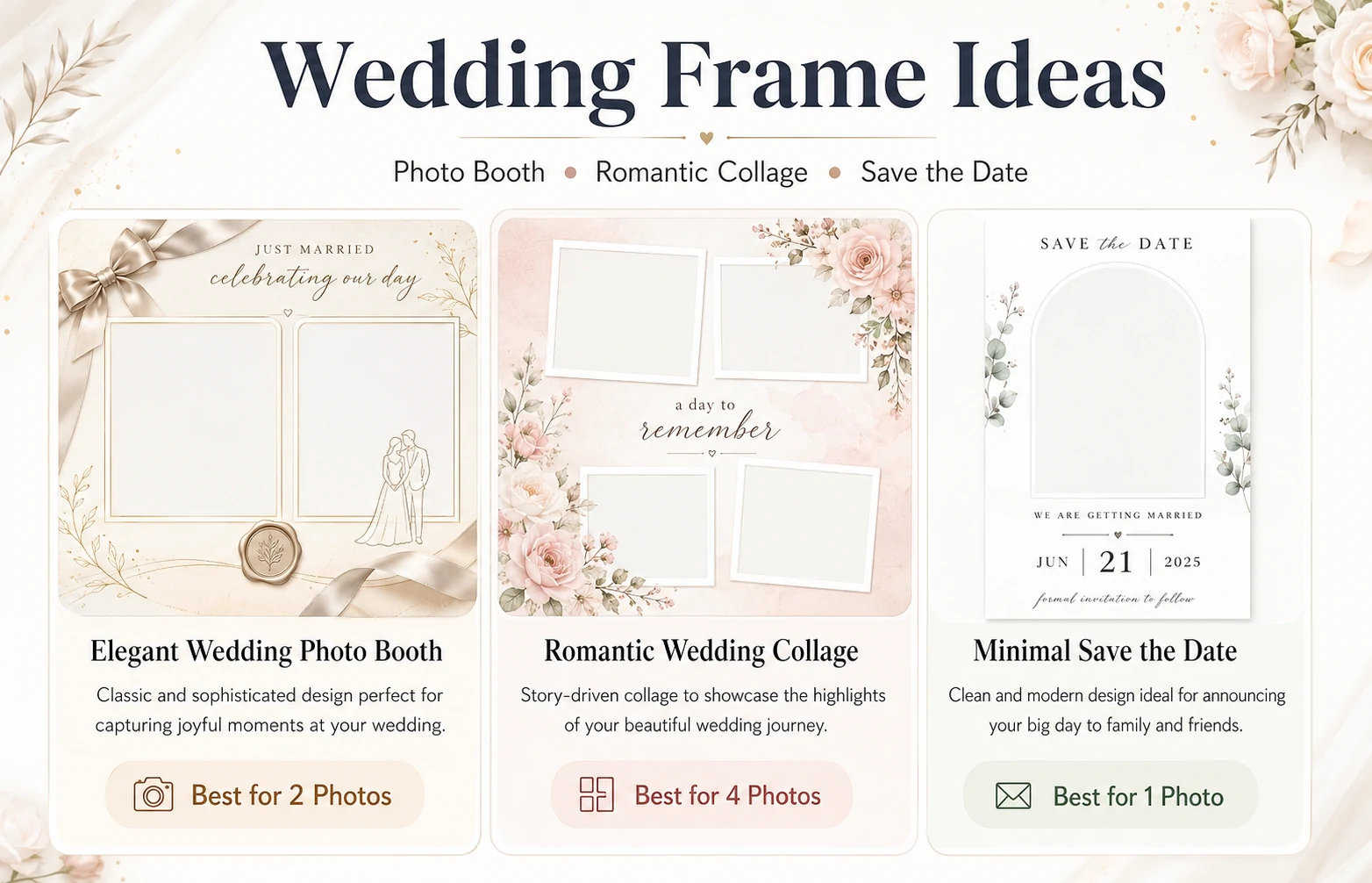 Elegant wedding photo booth, romantic collage, and save-the-date frame templates
