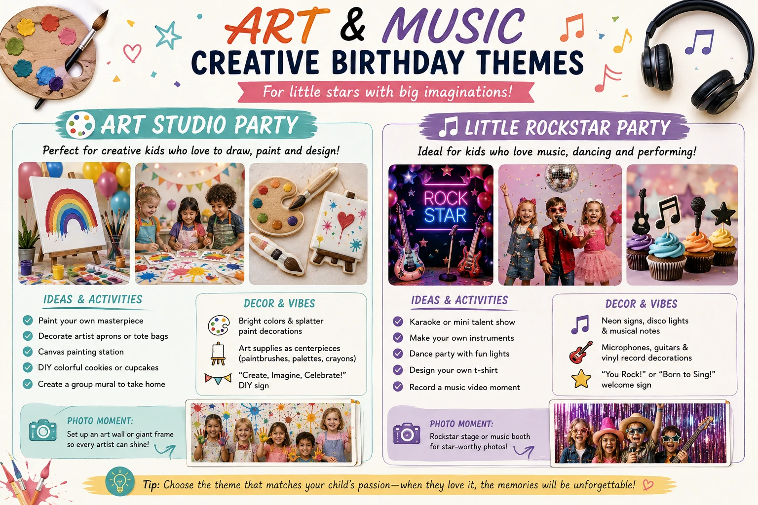 Art, craft, music and baking birthday party themes for creative children