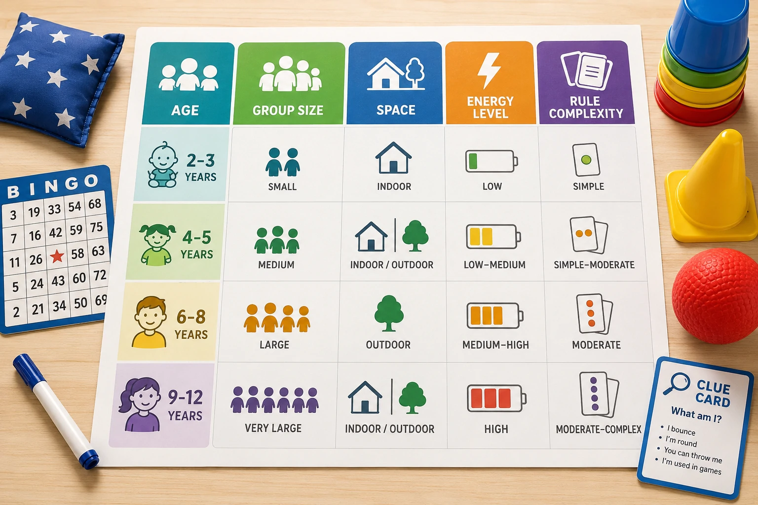 Birthday party game selection matrix comparing age, group size, space, energy and rule complexity