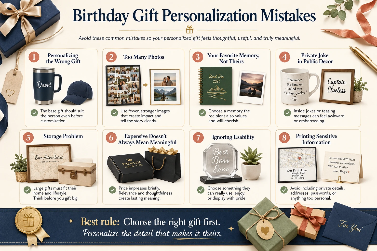 Personalized birthday gift mistakes including generic customization, clutter, wrong photos, impractical gifts and privacy problems