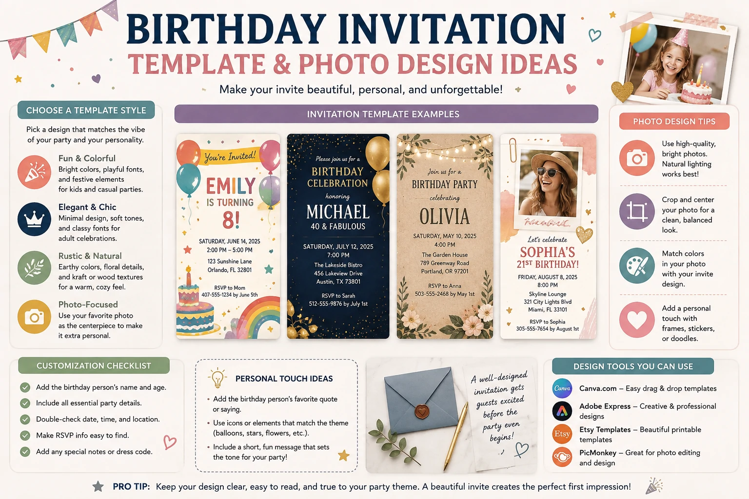 Birthday invitation photo template with clear text hierarchy, event details and RSVP section