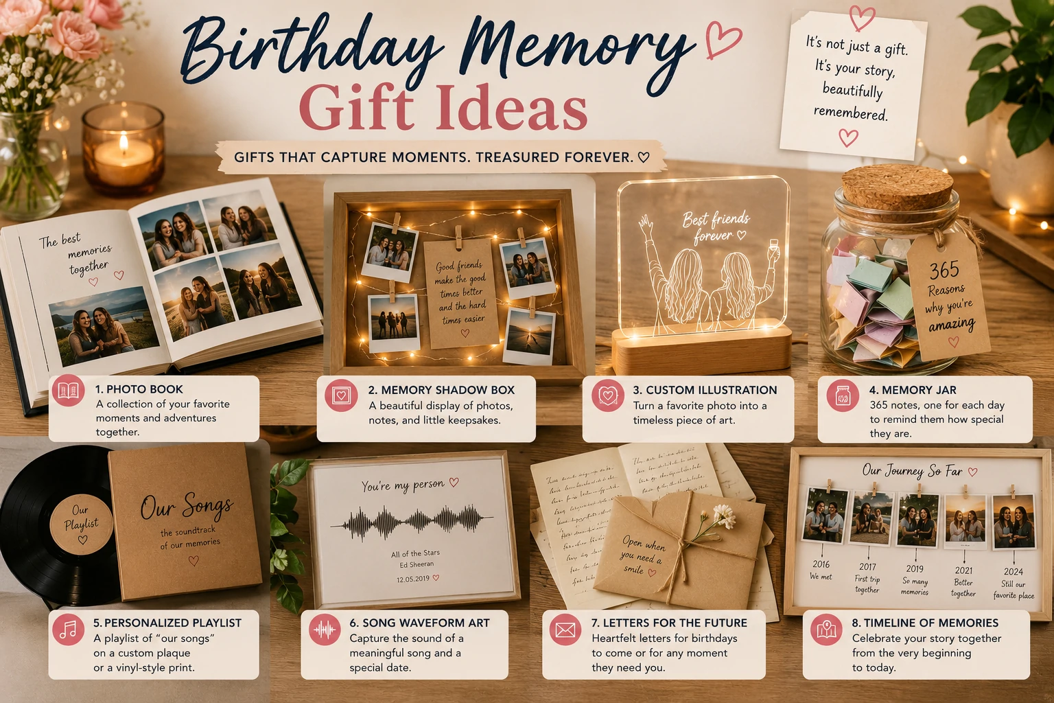 Birthday memory gift ideas using photographs, letters, recipes, maps, timelines and family stories