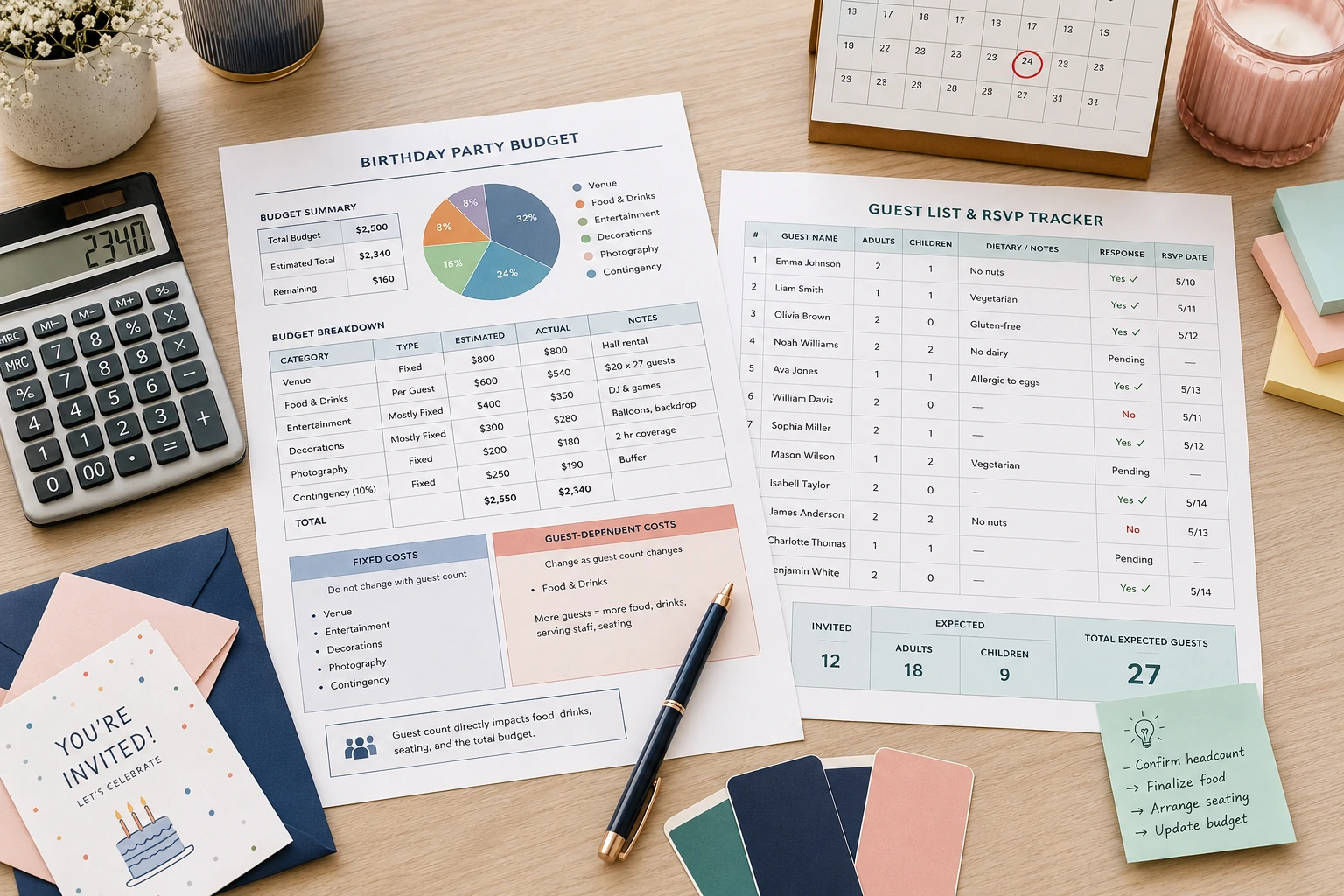 Birthday party budget planner with fixed costs, guest costs, contingency fund and RSVP tracking