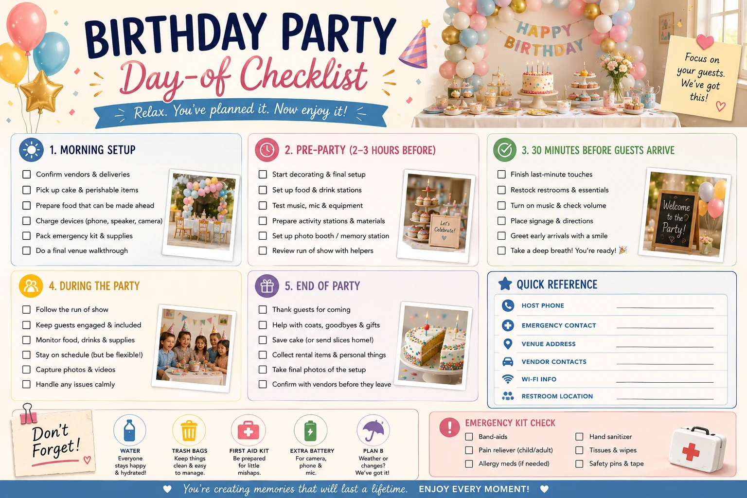 Day-of birthday party checklist for setup, food, vendors, guest arrival, cake, photographs, cleanup and follow-up