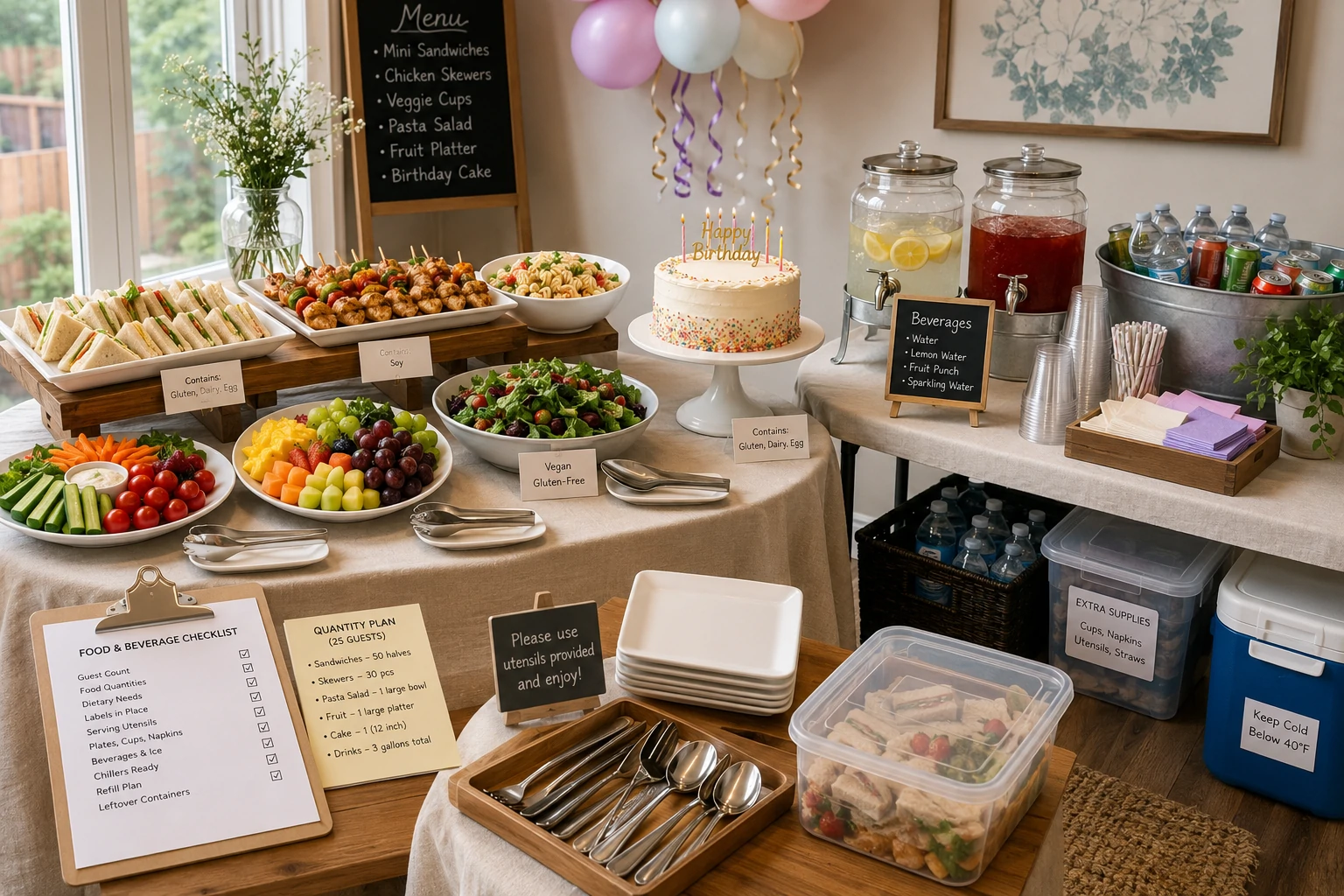 Birthday party food and beverage plan with guest quantities, dietary labels, serving zones and temperature controls