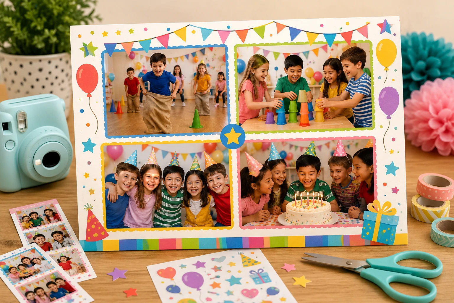 Birthday party game photos arranged in a colorful frame and collage for kids