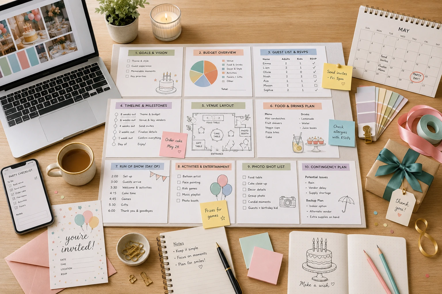 Birthday party planning checklist organized into goals, budget, guests, venue, food, activities, timeline and backup plans