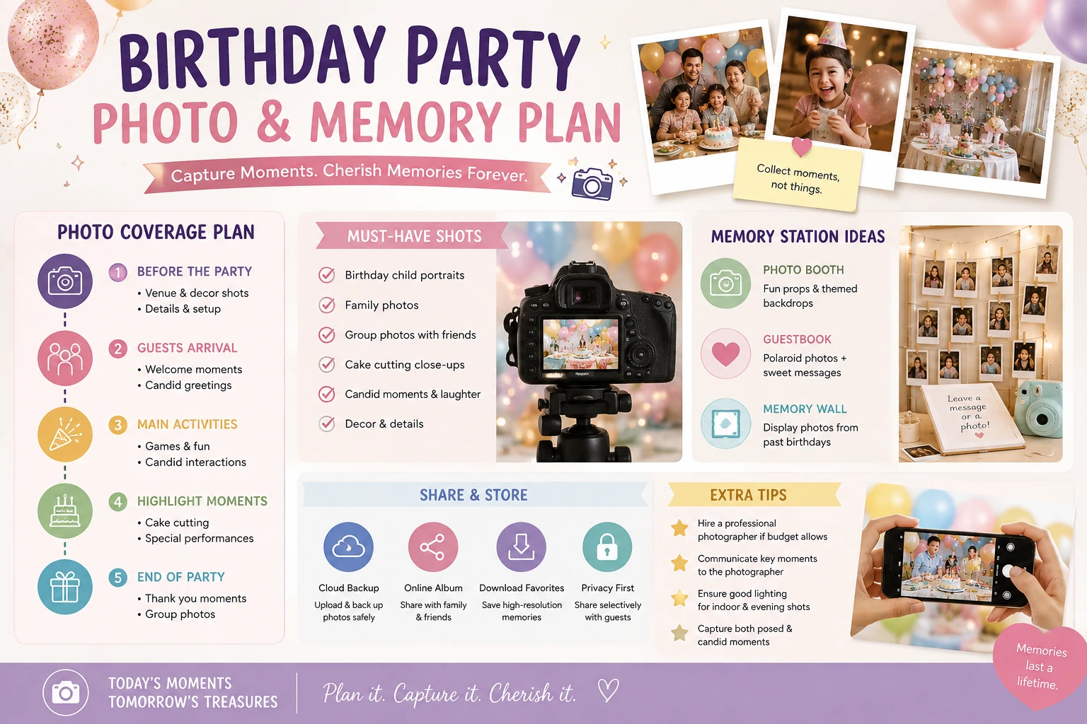 Birthday party photo and memory plan with shot list, photo corner, group portraits, candid moments and keepsake frames