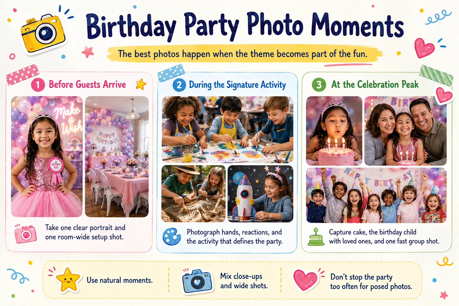 Natural birthday party photo moments created through themed activities, cake, friends and finished projects