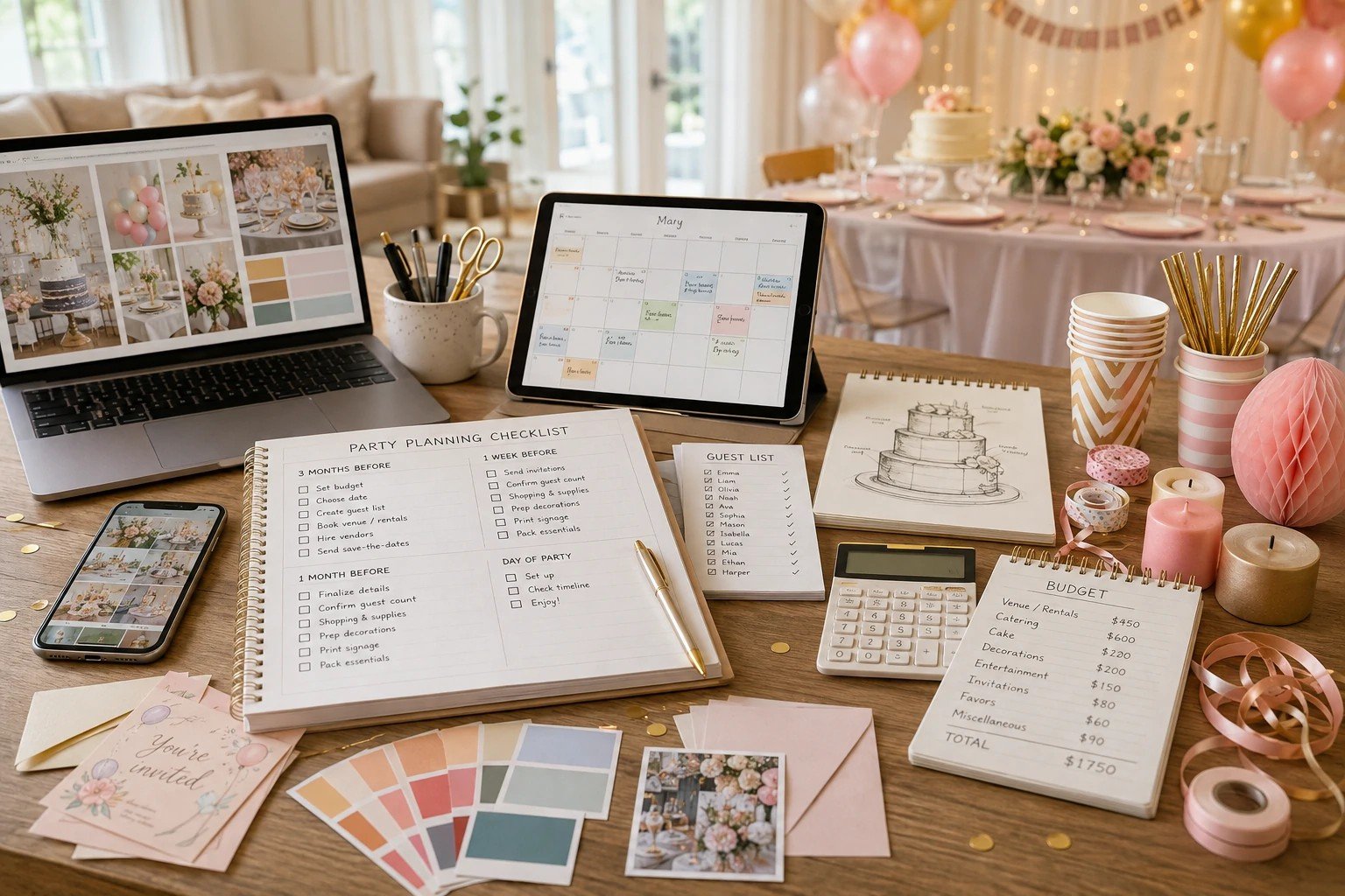 Birthday party planning checklist with timeline, budget, guest list, food plan, decorations and day-of schedule