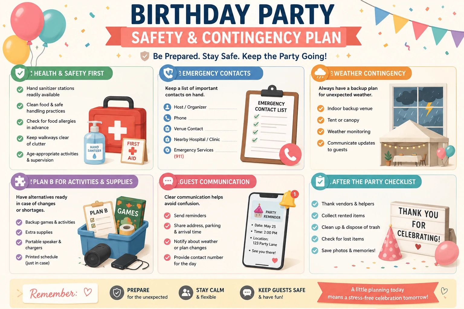 Birthday party safety and contingency plan for weather, vendor delays, food, power, injuries and guest changes