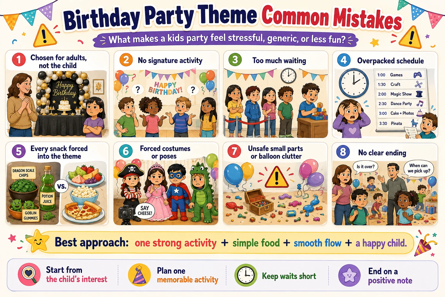 Kids birthday party theme mistakes including too much decor, long schedules, waiting, unsafe props and themes chosen for adults