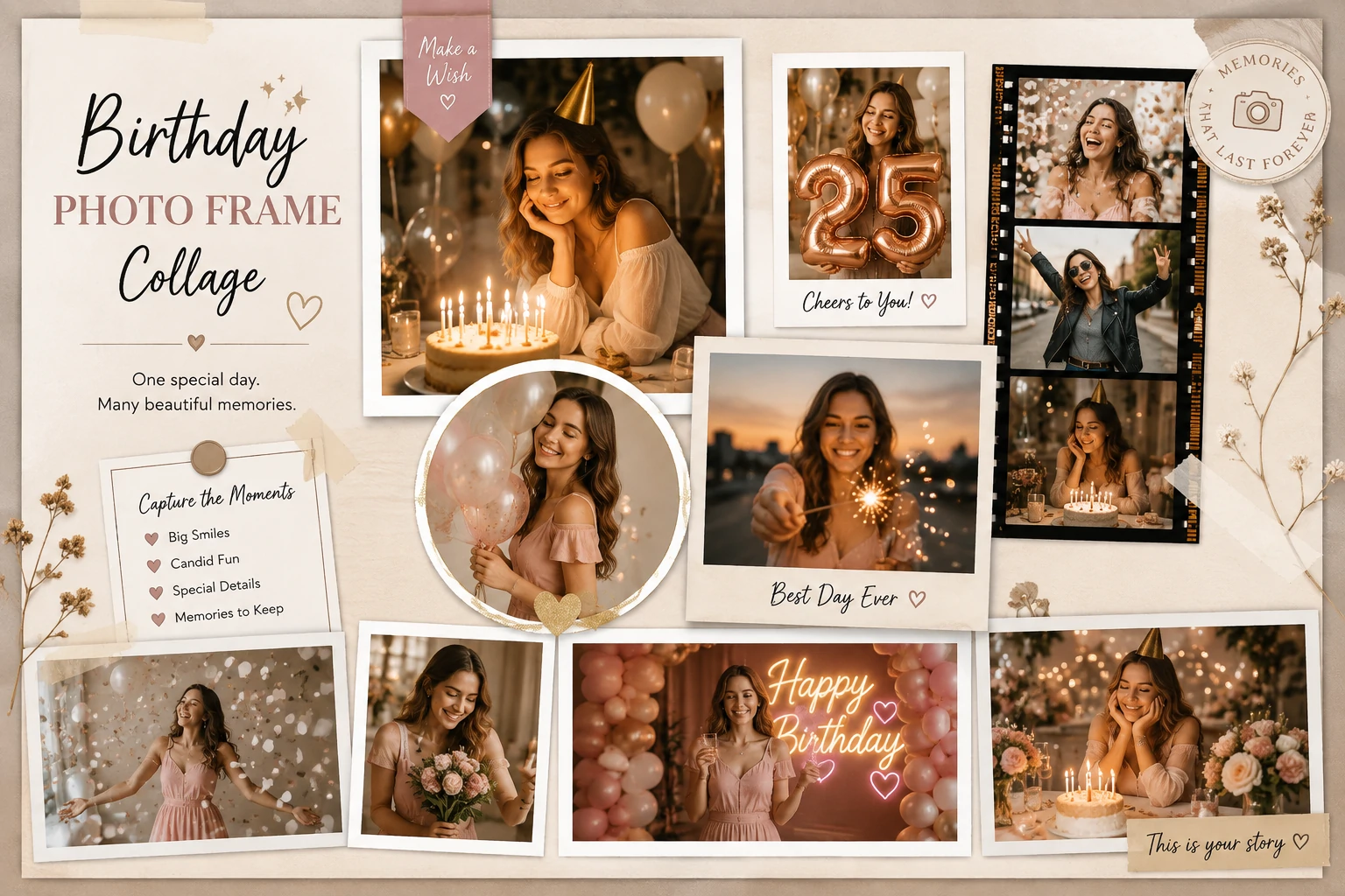 Birthday photo collage template using a hero portrait, milestone detail and candid celebration image