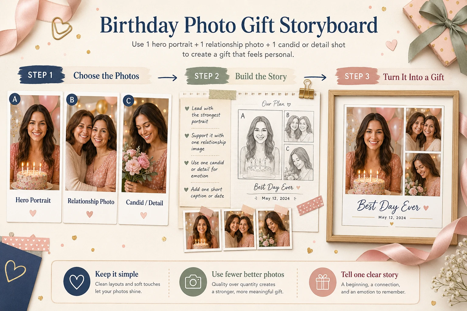 Birthday photo gift storyboard showing a hero portrait, relationship photograph and candid memory arranged as a cohesive keepsake