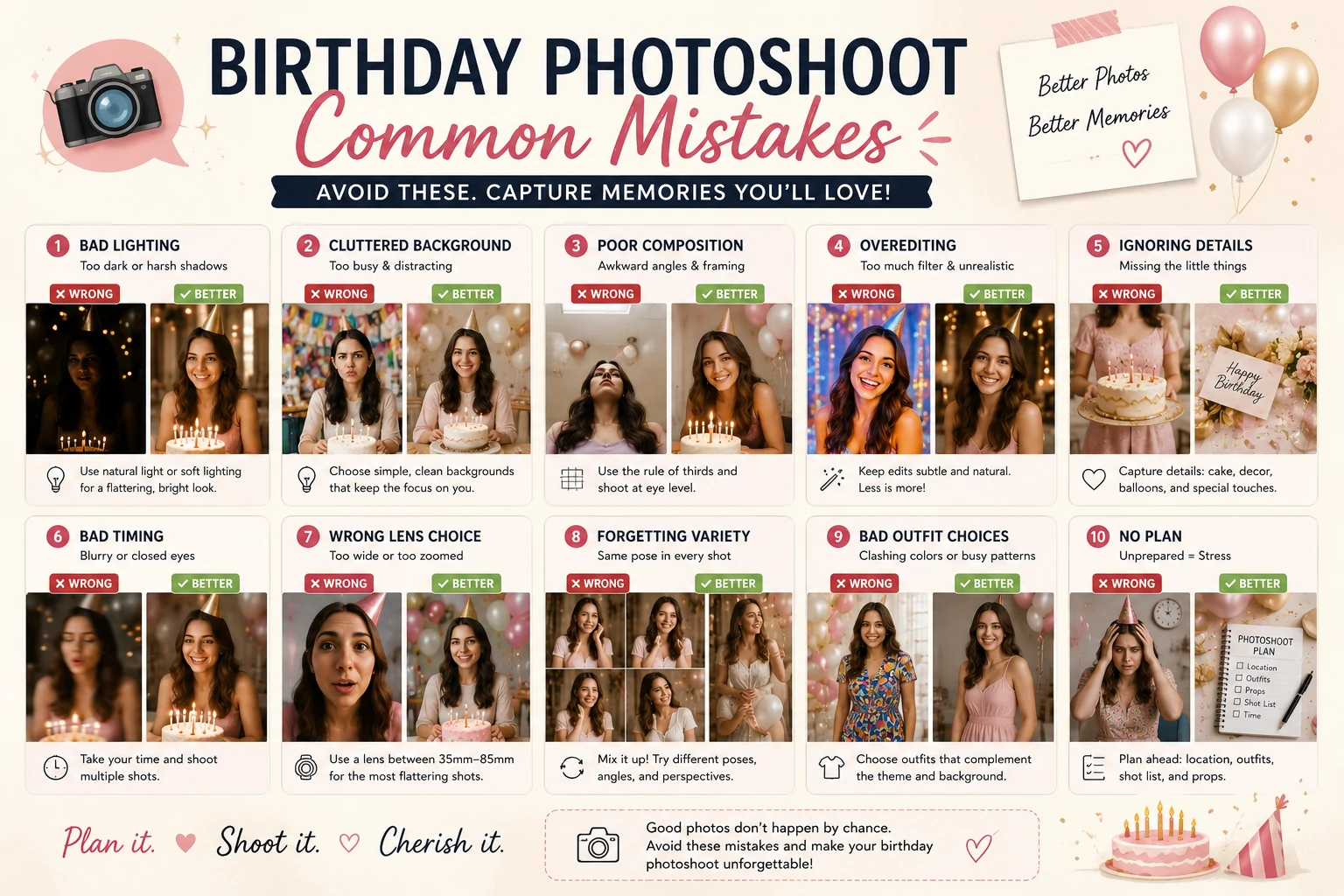 Birthday photoshoot mistakes including clutter, harsh light, blocked faces, forced poses and missing family photographs