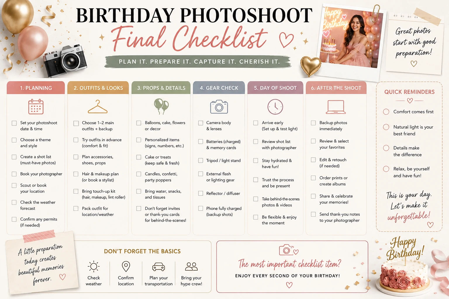 Birthday photoshoot final checklist for concept, location, wardrobe, lighting, safety, shot list and photo delivery
