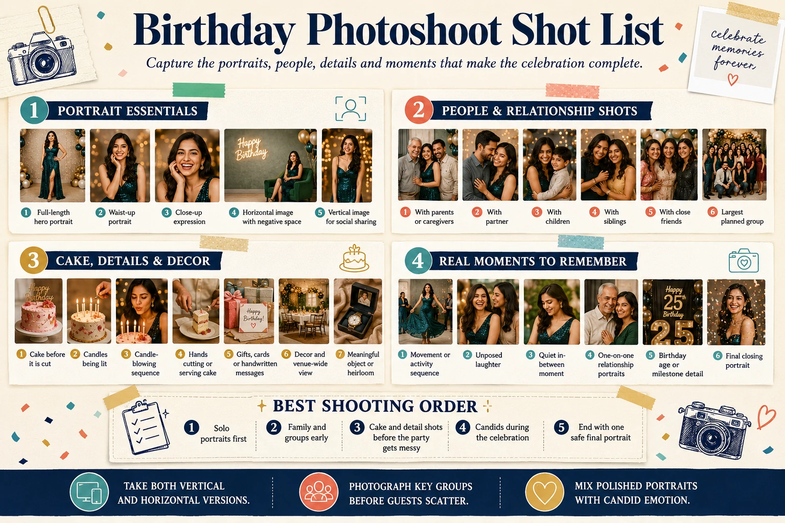 Complete birthday photoshoot shot list with portraits, family, cake, candles, details, movement and candid moments