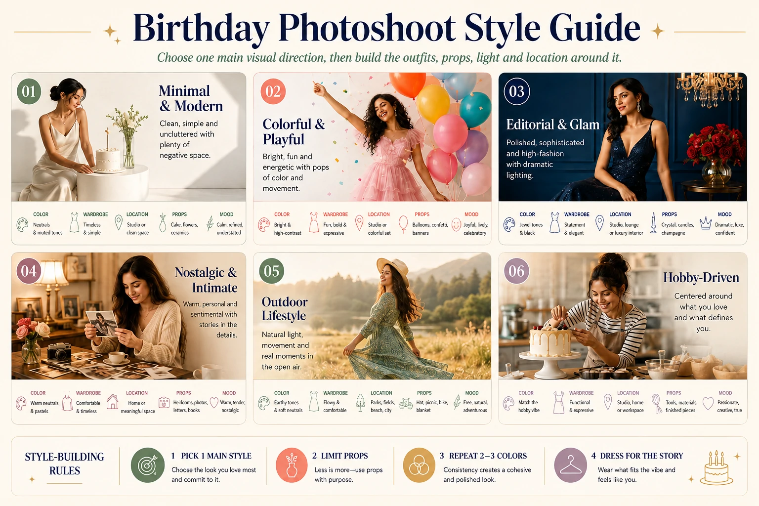 Birthday photoshoot style guide with minimalist, colorful, editorial, nostalgic, outdoor and hobby-based concepts