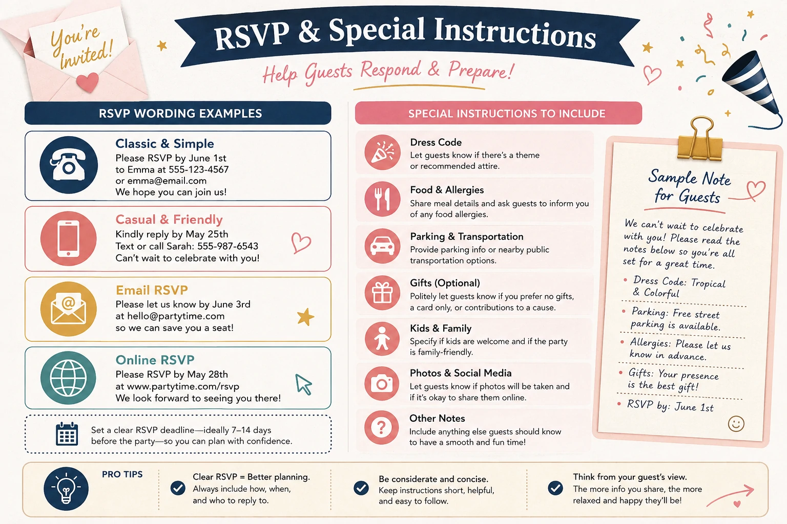 Birthday RSVP wording with deadline, contact method, guest count, dietary information and party instructions