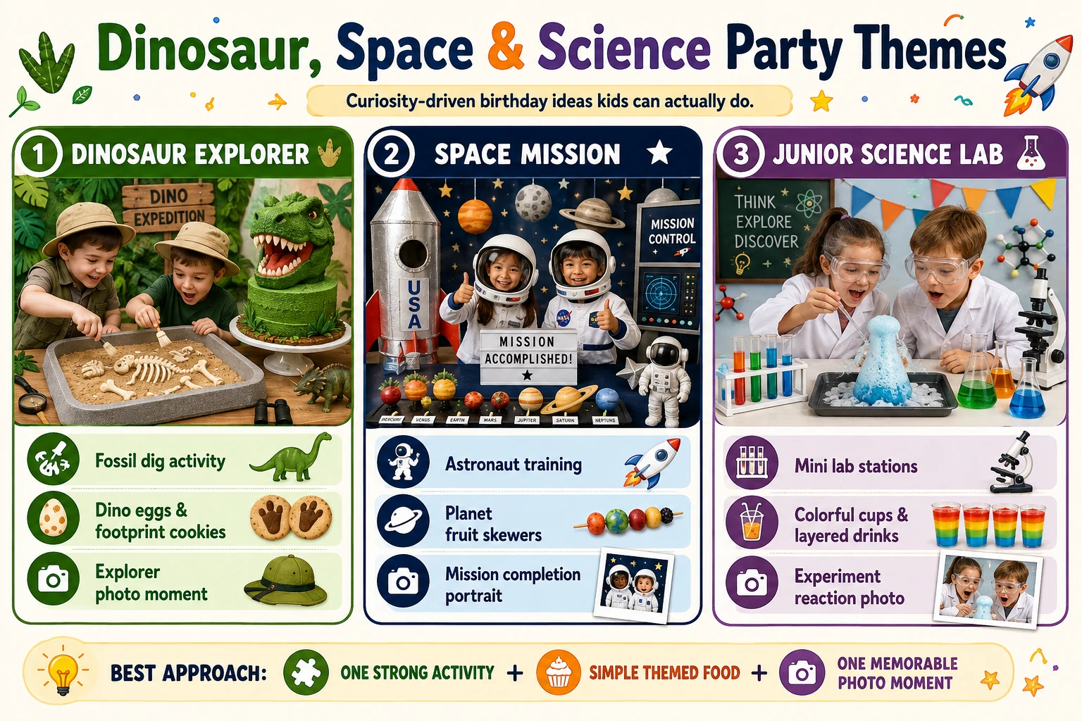 Dinosaur, space and science birthday party themes with interactive activities for kids
