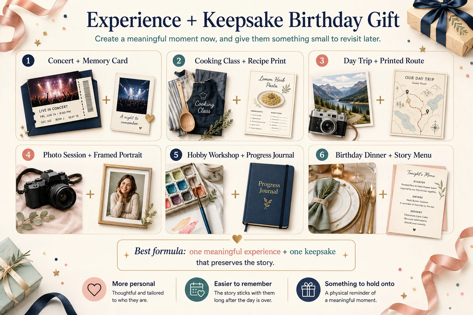 Birthday experience gift paired with a small personalized keepsake such as a photo, ticket, note or memory card