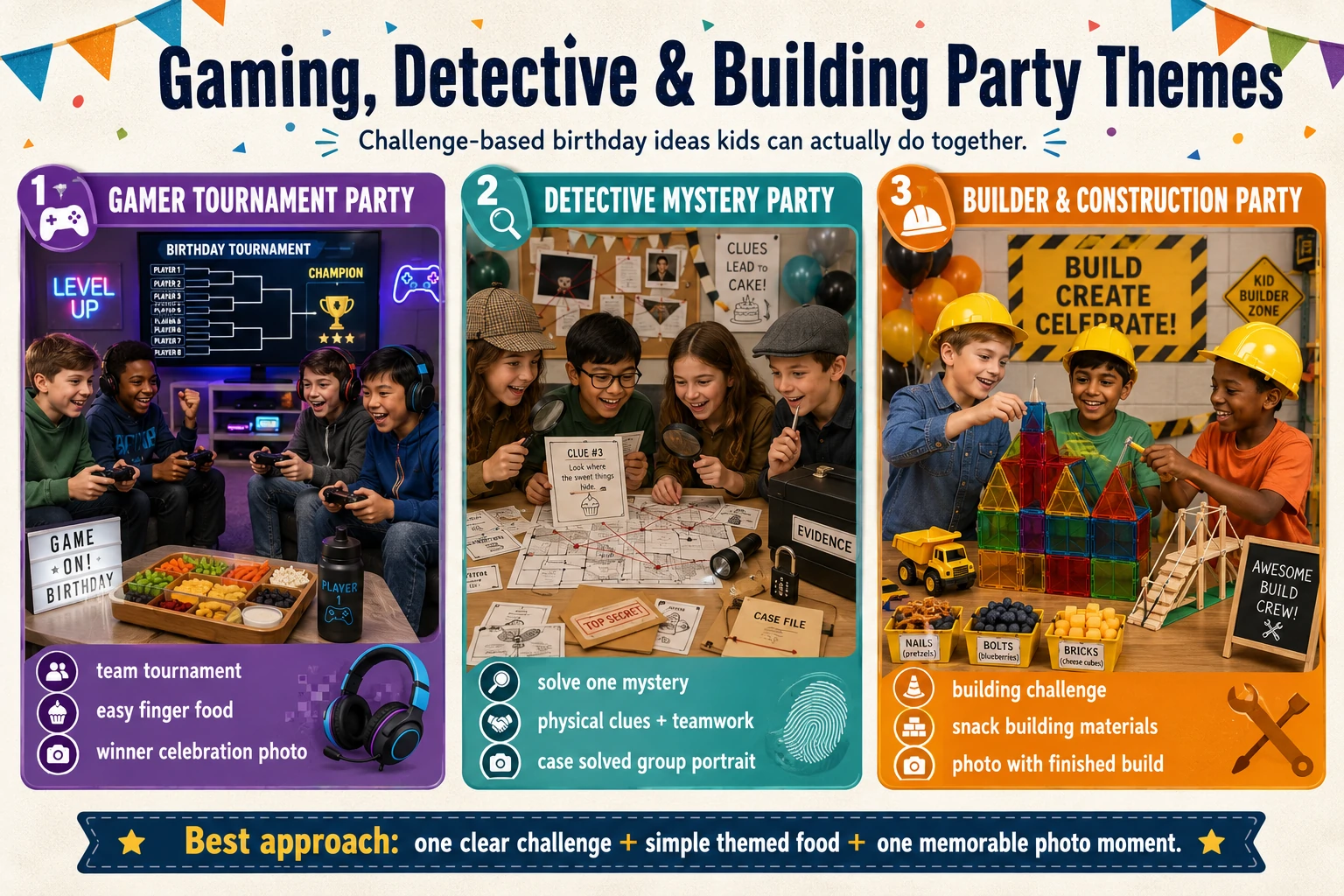 Gaming, detective, construction and building birthday party themes for school-age kids and tweens