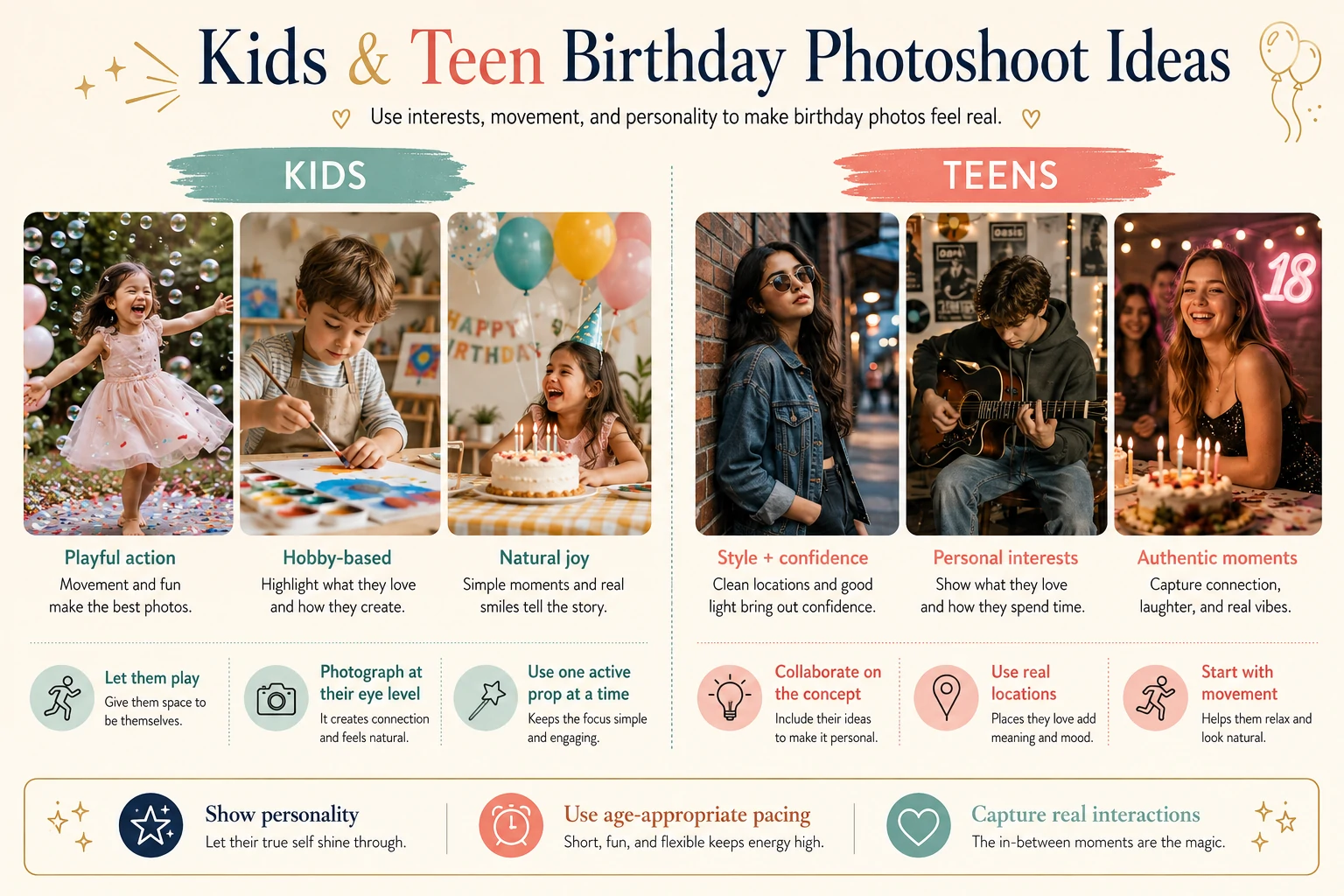 Kids and teen birthday photoshoot ideas based on play, hobbies, friendships and personal style