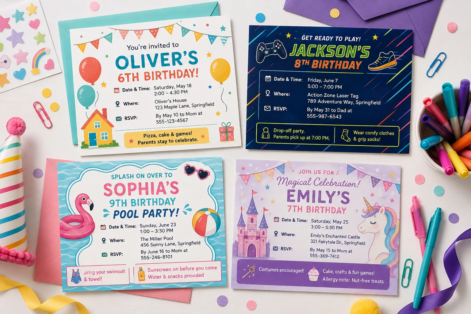 Kids birthday invitation wording examples for home, activity, pool and themed parties