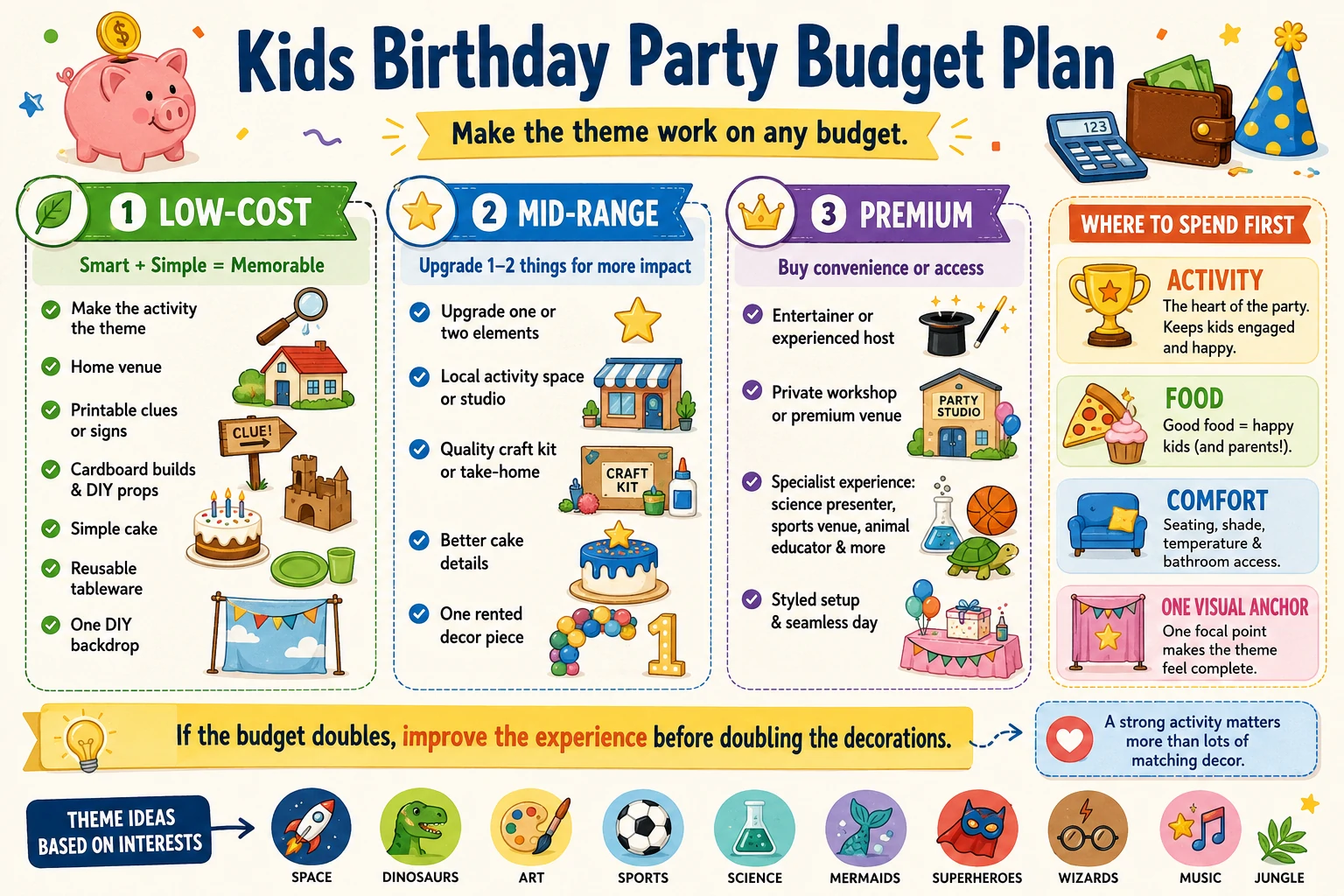 Kids birthday party budget plan showing low-cost, mid-range and premium ways to build an interest-based theme