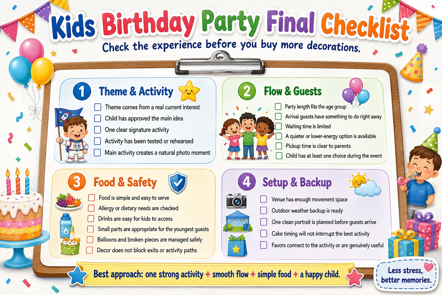 Kids birthday party final checklist for theme, activities, timing, food, safety, guests, photos and backup plans